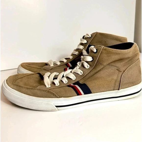 Tommy Hilfiger Mid-Top Canvas Sneakers, 9.5, Tan & stripes, Preppy Retro - Picture 1 of 8
